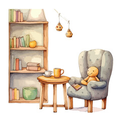 cozy coffee corner with a book cute watercolors illustration on white background