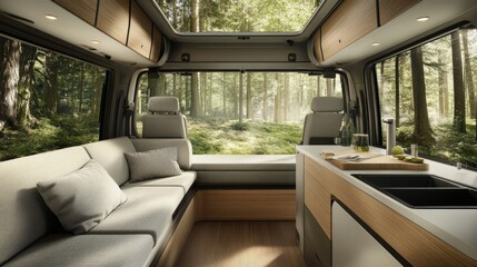 Modern camper van interior with cozy seating, sleek kitchen space, and panoramic windows offering a serene forest view