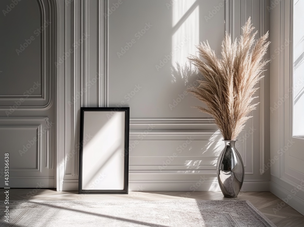 Aufkleber visualization of a work of art in a scandinavian living room setting as a 3d rendering and illustrat