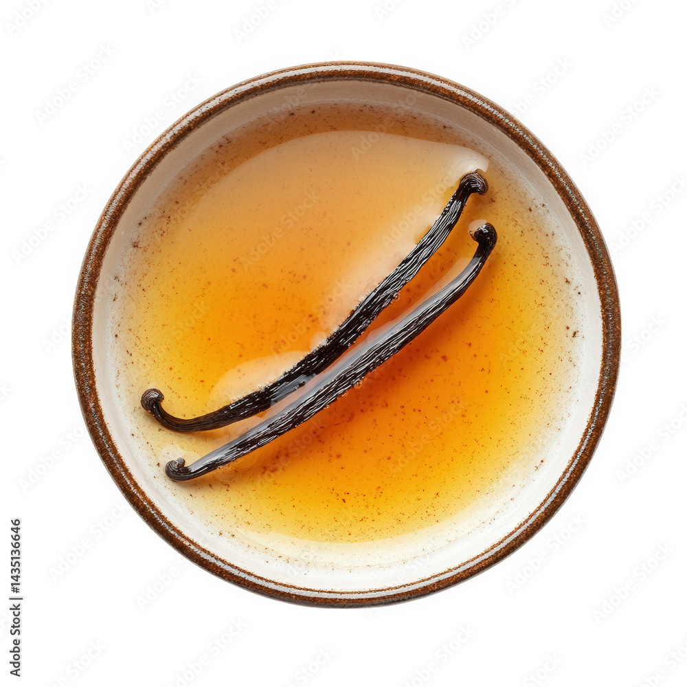 Poster a shallow bowl filled with a rich. amber-colored liquid. likely vanilla extract. with two whole vani