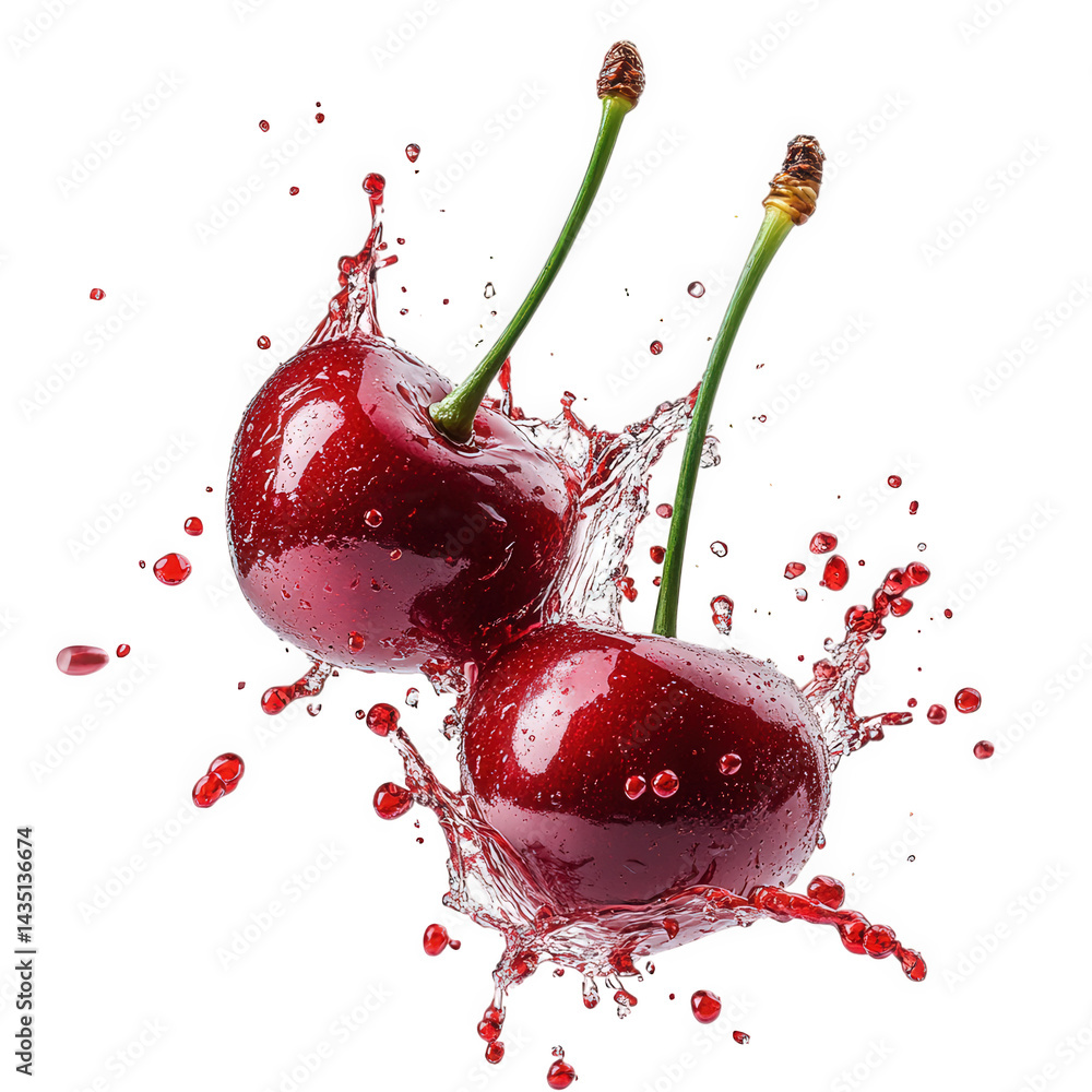 Poster two vibrant red cherries splashing in water. creating an eye-catching visual effect the dynamic moti