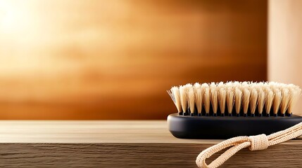 Close-up of a wooden brush resting on a polished surface with a warm, blurred background
