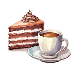 cup of cocoa with a slice of cake cute watercolors illustration on white background