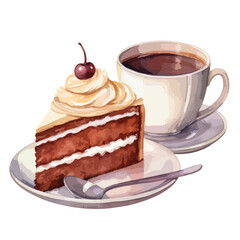 cup of cocoa with a slice of cake cute watercolors illustration on white background