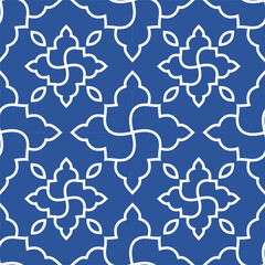 Modern seamless abstract floral pattern featuring flowing white lines over a classic blue backdrop. Ideal for luxury branding, packaging, and stylish backgrounds.