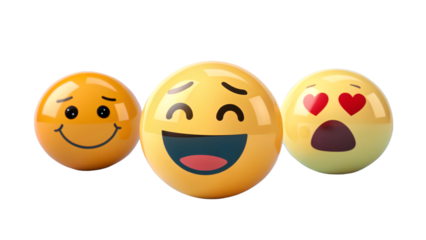 Three emoji spheres displaying different emotions including love joy and slight sadness shown here png on transparent background
