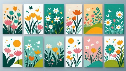 Stylized flowers in pastel colors with butterflies and leaves.