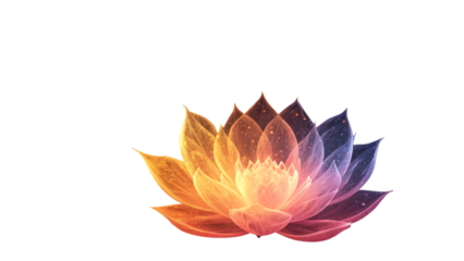 Radiant lotus blossom displaying vibrant hues of orange, pink and blue against a transparent background