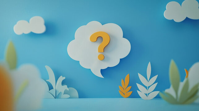 A speech bubble with a question mark on a blue background, a white paper cutou