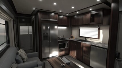Stylish RV layout with dark wood cabinetry, high-end stainless appliances, and a relaxing gray sofa area