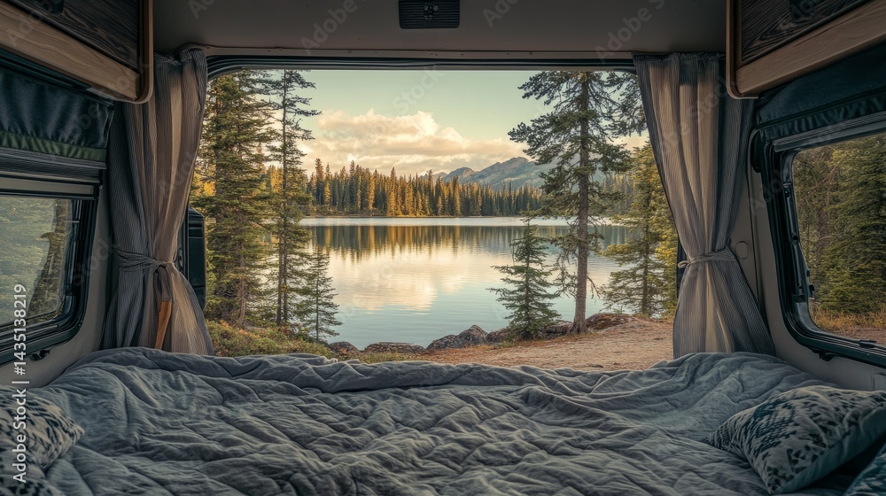 Poster view from inside a camper bed looking out through open curtains at a quiet lake surrounded by pine t