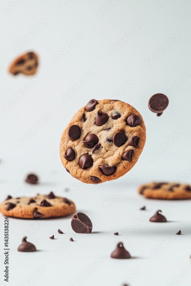 Poster delicious chocolate chip cookies levitating on a white background, creating a playful and tempting s