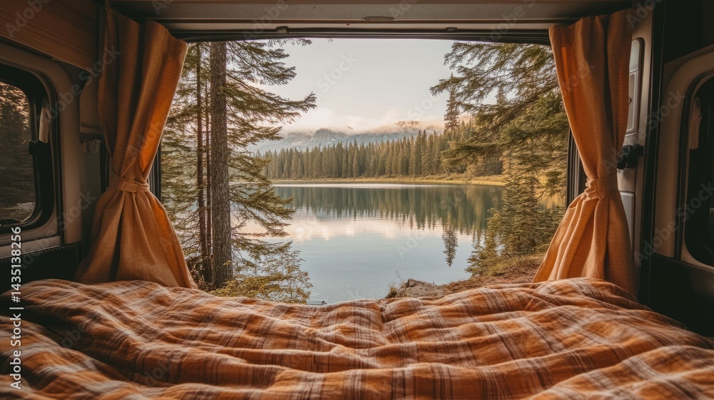 Poster view from inside a camper bed looking out through open curtains at a quiet lake surrounded by pine t