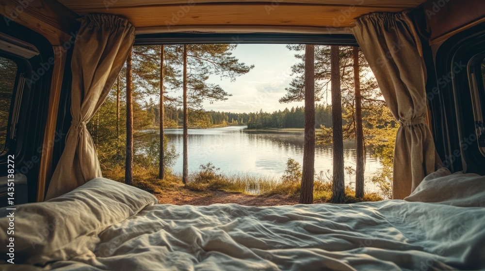 Poster view from inside a camper bed looking out through open curtains at a quiet lake surrounded by pine t