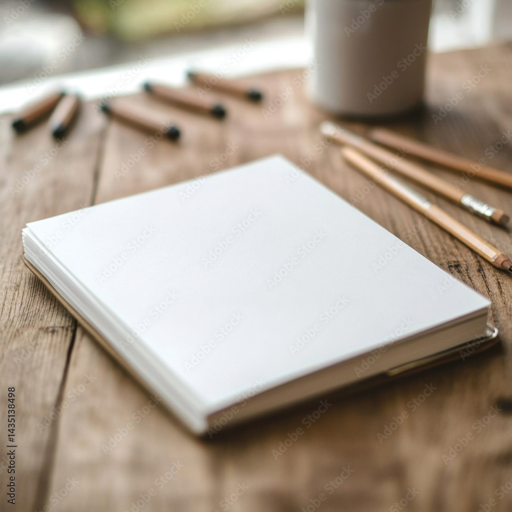 Poster blank notebook on rustic wooden table with pencils and coffee cup creating a serene and creative wor