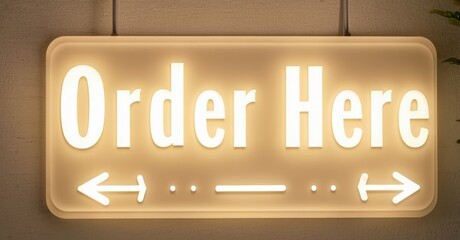 Fototapeta premium Bright sign displays Order Here text. Arrows indicate direction, simple design, warm lighting present.