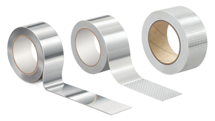 Three rolls of silver tape with varying textures and widths are displayed in a neat arrangement png on transparent background