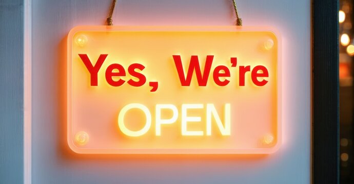 Bright neon sign displays Yes, Were OPEN. Warm light emanates from illuminated lettering, inviting customers inside business. - Powered by Adobe