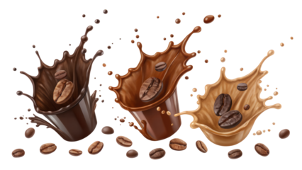 Three coffee splashes with beans showing different color coffee and scattered beans around them all around png on transparent background