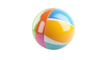 colorful beach ball. showcasing a glossy finish with vibrant segments in orange. green. blue. and pink this playful object is often associated with leisure activities. beach outings. and summer fun. m