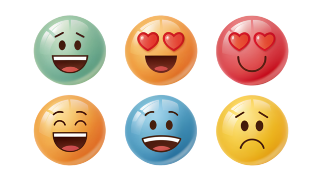 A collection of six colorful emoji icons showing various expressions and feelings in a grid format png on transparent background