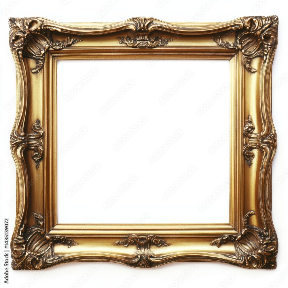 Poster ornate golden frame with intricate details and a blank white canvas for creative content creation, c