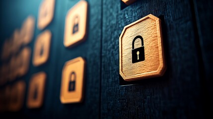 Close-up of a wooden panel featuring lock icons, symbolizing security and protection
