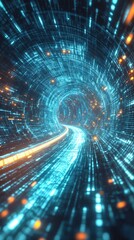 Abstract digital tunnel with glowing blue and orange particles. Futuristic technology concept.  Cyberspace and data stream visualization.