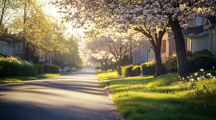 Obraz premium A sun-drenched suburban street lined with blossoming trees.