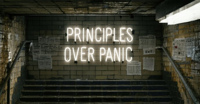Bright neon sign reads principles over panic above brick steps. Walls covered with posters, creating urban, gritty aesthetic. Dim lighting, exit signs visible.
