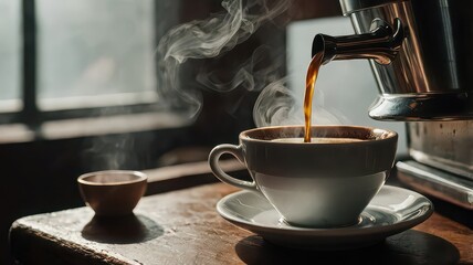 Obraz premium Pouring hot coffee into a cup with steam rising