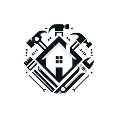 Home Improvement Logo, House and Handyman Tools Combination