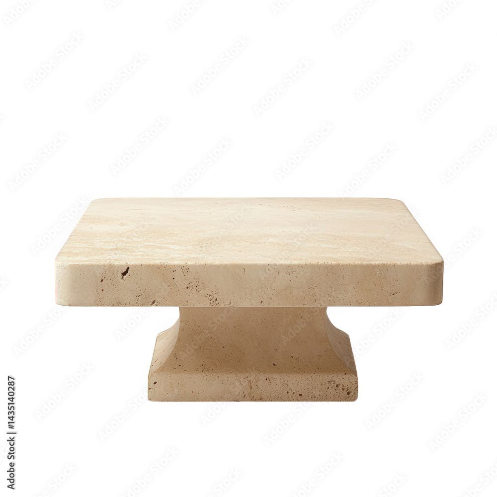 Poster a minimalist square coffee table made of light-colored stone. featuring a sturdy base and a smooth s