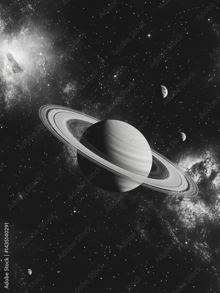 Poster saturn and moons in monochrome with stardust and cosmic dust creating a celestial background for spa
