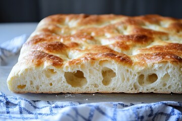 Golden crust focaccia bread with olive oil and herbs on a checkered cloth, a culinary delight, captures the essence of homemade baking, and Italian food.