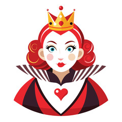 Alice in Wonderland Queen of Hearts clipart. The image shows a stylized depiction of the Queen of Hearts with a crown and a high collar. Vector illustration design.