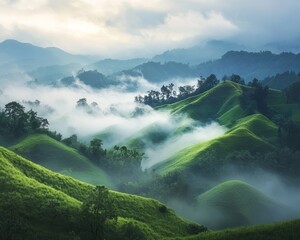 Obraz premium Misty morning in lush green hills. Rolling landscape covered in fog. Soft light illuminates the scene. Tranquil and serene atmosphere. Lush vegetation blankets the hills.