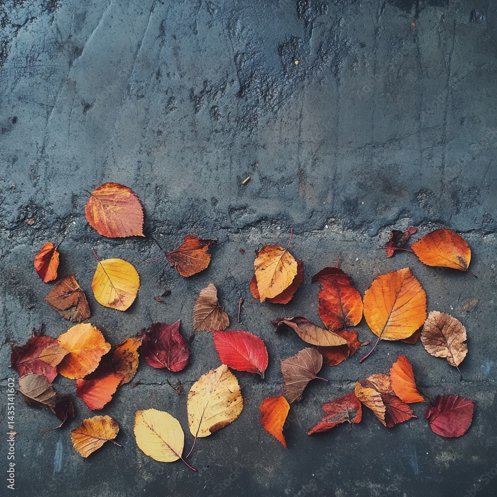 Poster autumnal serenity leaves on wet asphalt capturing the essence of fall season with a top down view an
