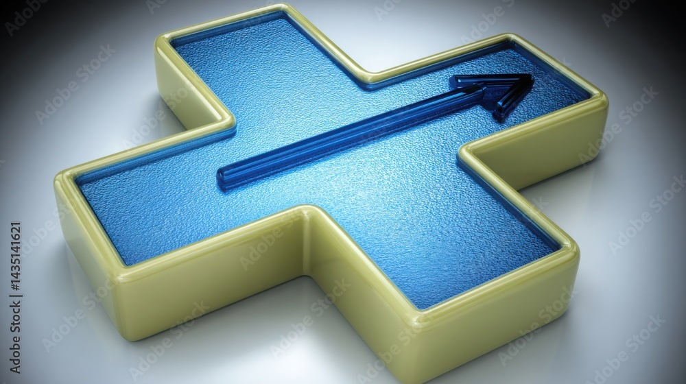 Poster blue cross with black arrow symbolizing add-to-cart functionality in e-commerce and micro-interactio