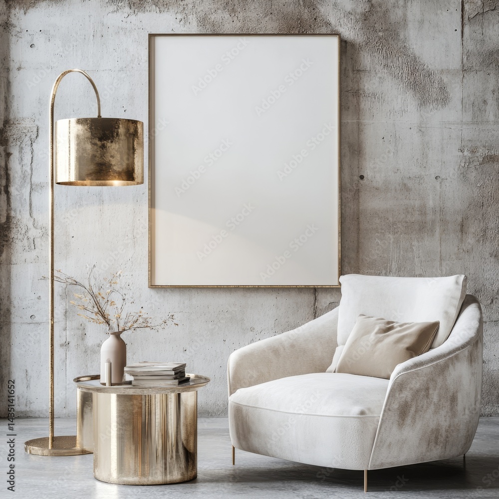 Poster the image features a mock poster on a concrete wall accompanied by an armchair, created using 3d ren