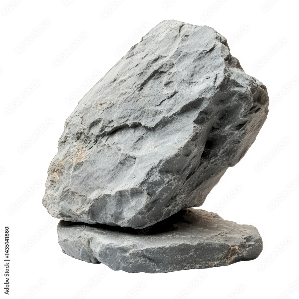 Poster pair of irregularly shaped gray rocks. one positioned on top of the other. showcasing their rough te