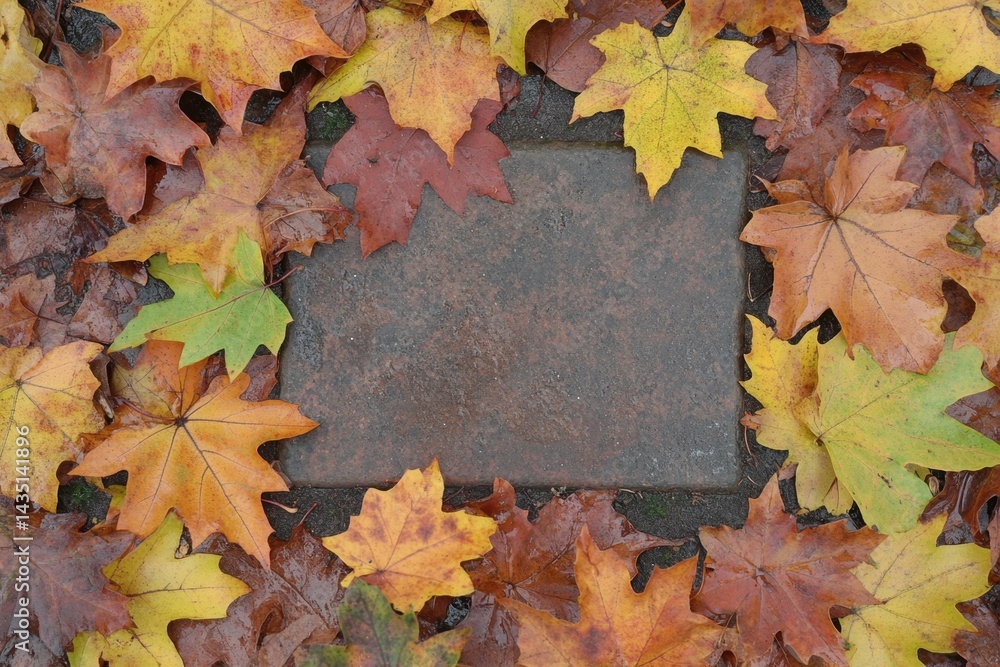 Poster autumnal serenity awaits colorful maple leaves frame a rustic stone slab in a captivating overhead s