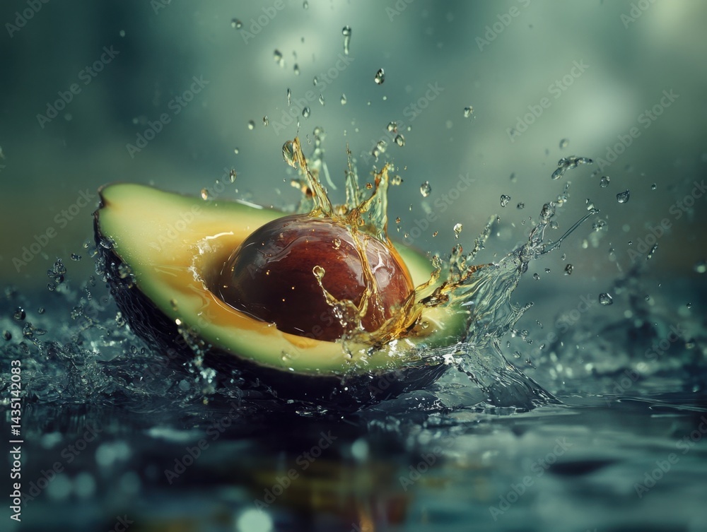 Poster fresh avocado half with pit in water splash vibrant and dynamic close up shot with dark background a