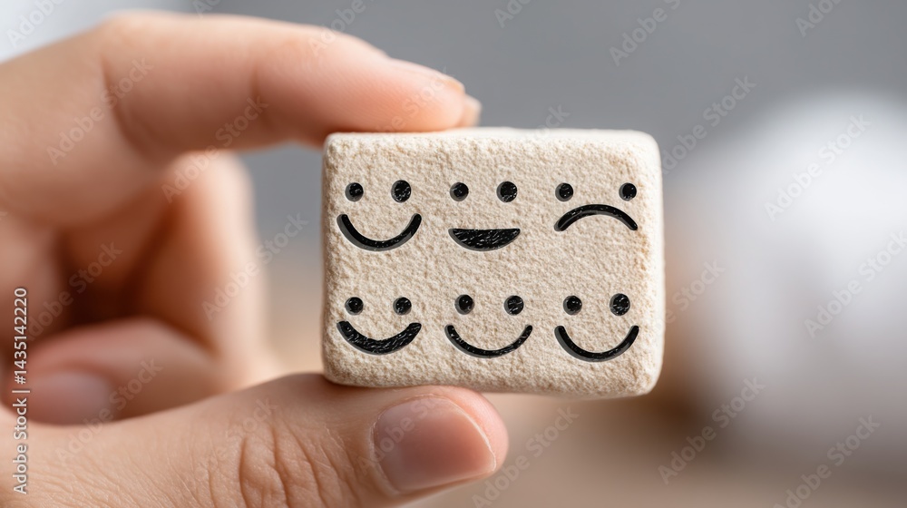 Poster cheerful smiling face displayed on a small block of white paper representing positive feedback and c