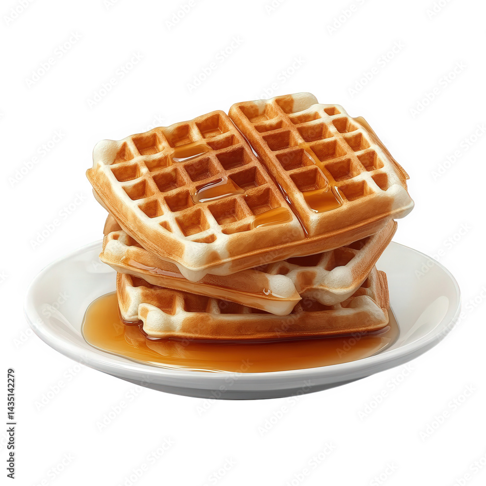 Poster stack of freshly made waffles drizzled with syrup. presented on a white plate the waffles are golden