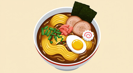 Colorful cartoon bowl of ramen with noodles, egg, broth and toppings, viewed from above, stylized and clean design