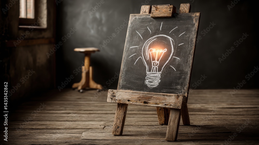 Poster light bulb illuminating creative ideas on a chalkboard surface symbolizing brainstorming and concept