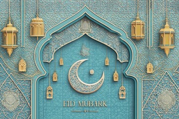 Intricate Eid Mubarak Design with Crescent, Lanterns, Islamic Pattern Blue Backdrop