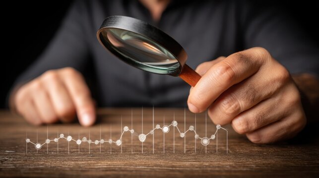 Man analyzing graph through magnifying glass illustrating digital twin technology for business simulation and insights