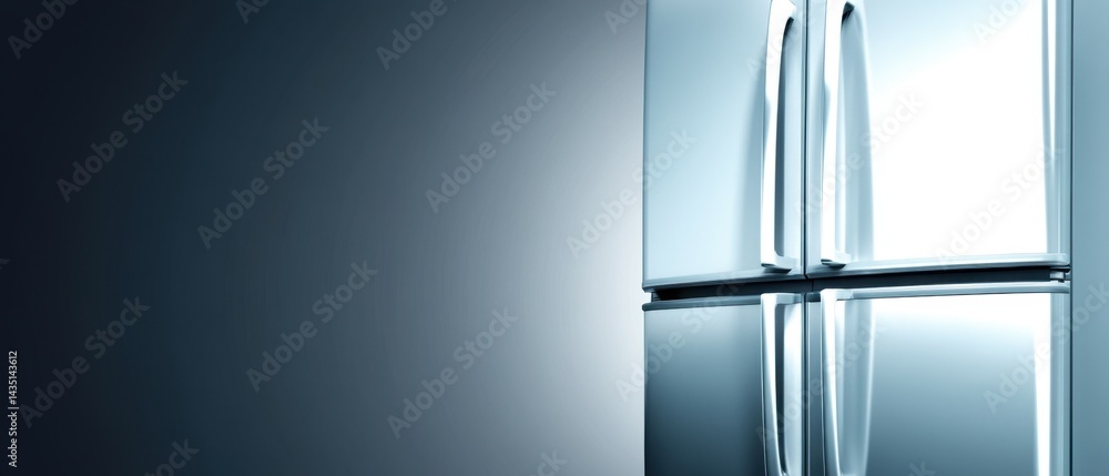 Poster modern refrigerator with sleek design and two doors in a studio setting with gradient background and